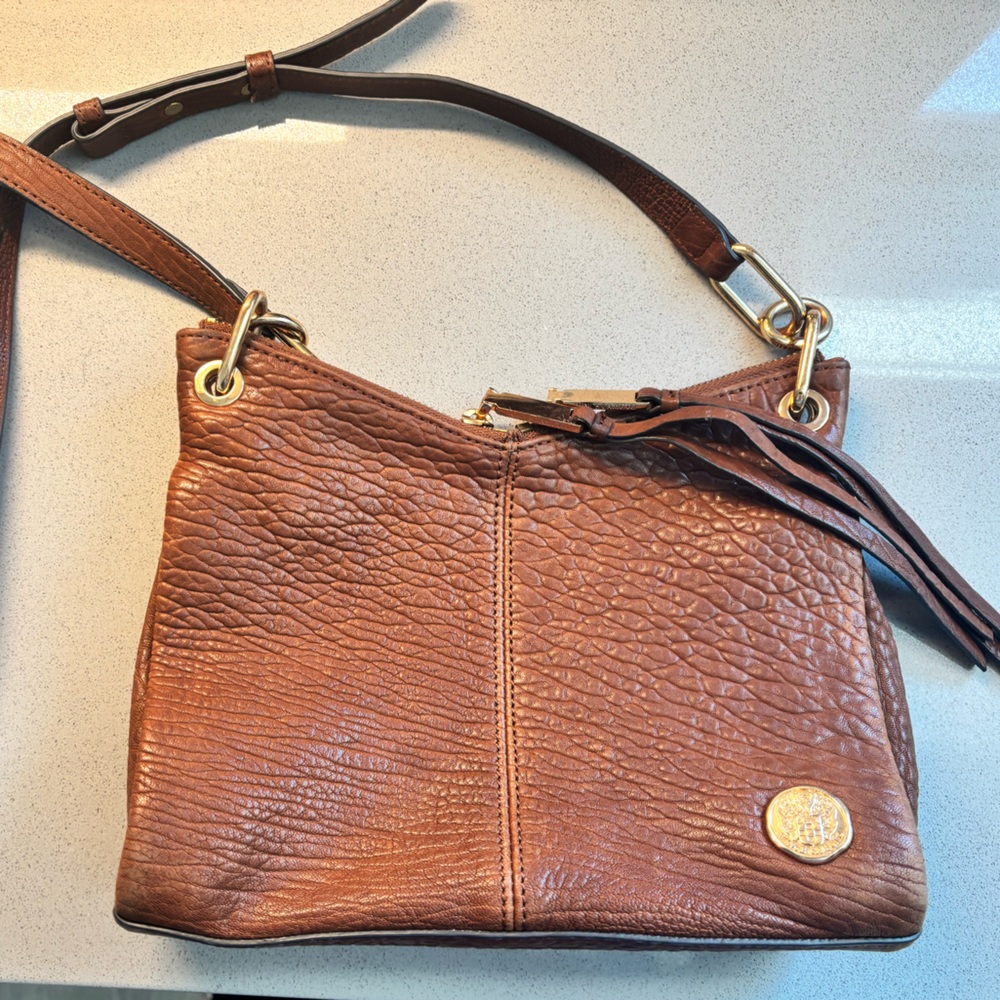 VINCE CAMUTO Brown Leather Crossbody Bag with Gold Accents